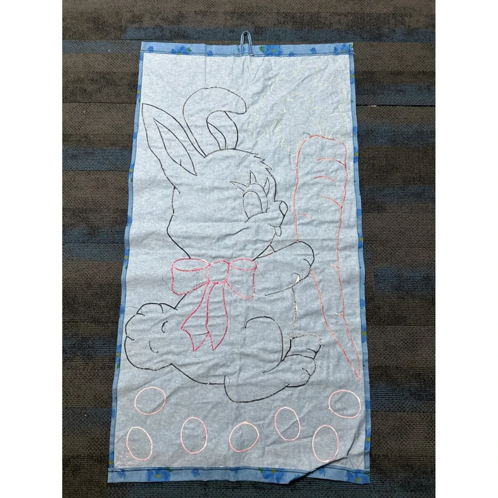 Vtg Handmade Easter Bunny Fabric Wall Hanging 52x28 Blue 1996 Spring Rabbit